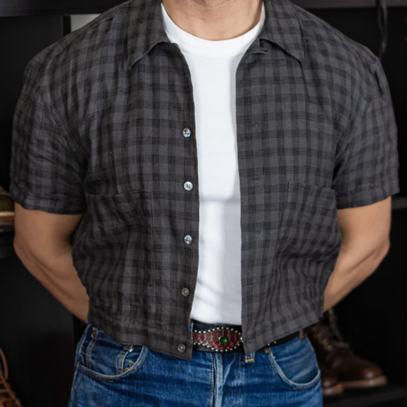 Men's Fashion Gray Plaid Short Sleeve Shirt
