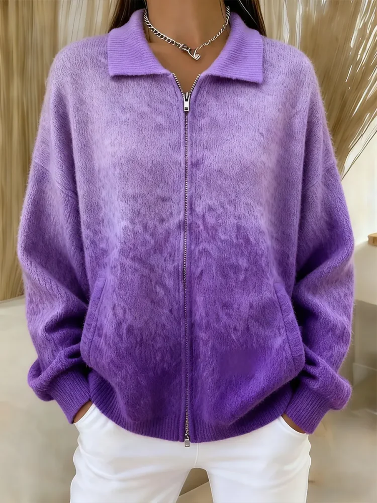 Women's Comfortable Gradient Color Zipper Cardigan Sweater