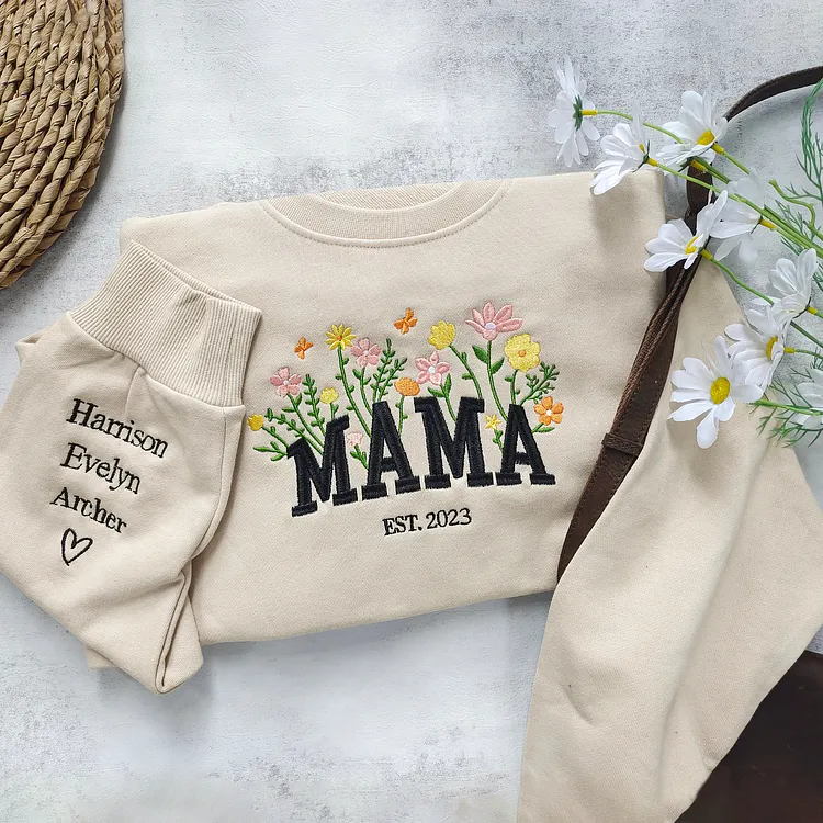 Custom Mama Embroidered Floral Sweatshirt With Kids Names, Heart On Sleeve Mother's Day Gift