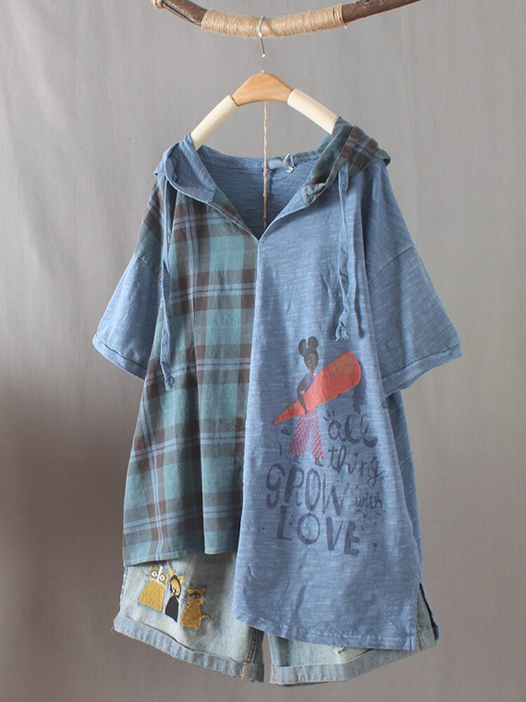 Cartoon Printed Plaid Short Sleeve Hooded Patchwork T shirt P1695946