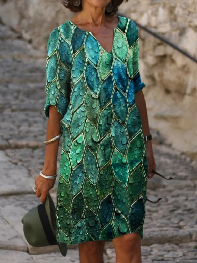 Fresh Leaves Inspired Geometric Art Midi Dress