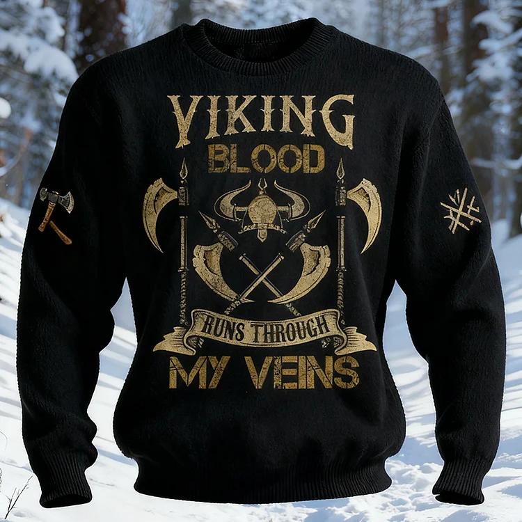 Men's Retro Viking Style Axe Pattern Crew Neck Comfortable Knit Sweater