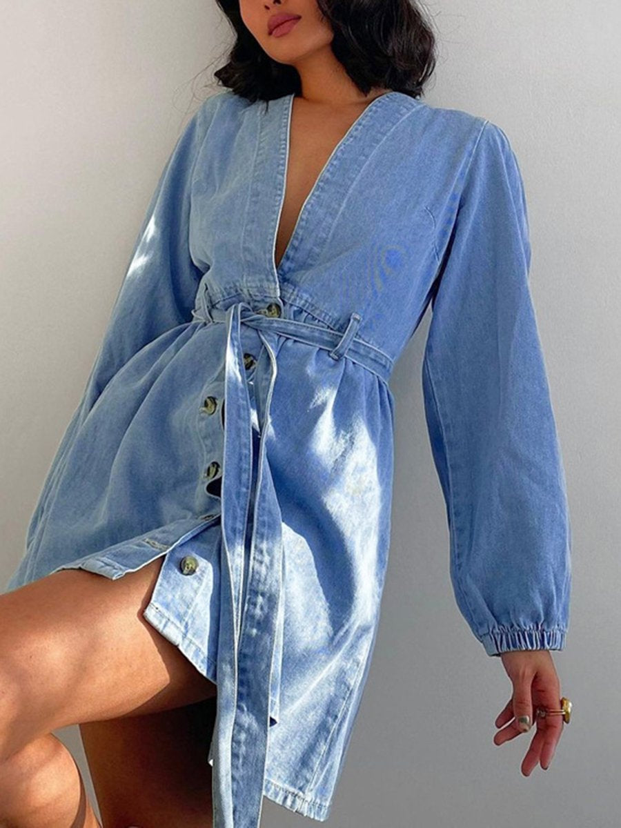 V Neck Long Sleeve Cowboy Short Dress