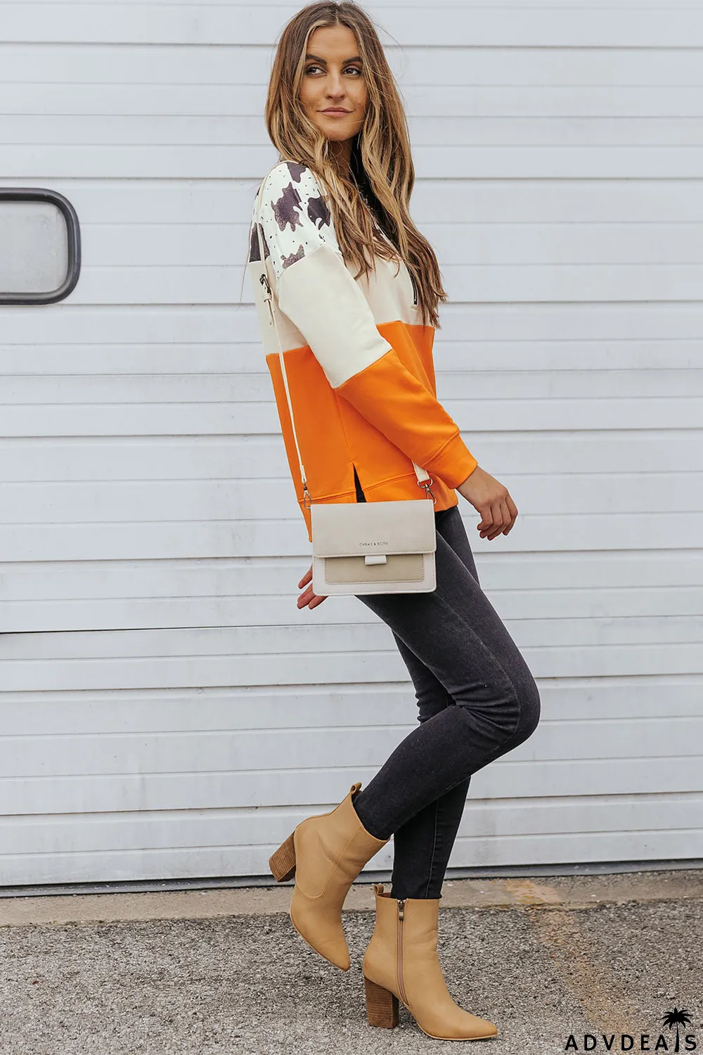 Cow Print Color Block Zip-Up Pullover Sweatshirt