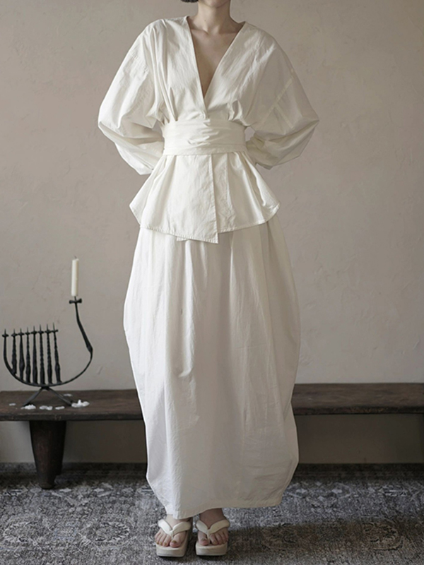Solid Color Deep-V Puff Sleeve Top Skirt Cotton Linen Two Piece Set