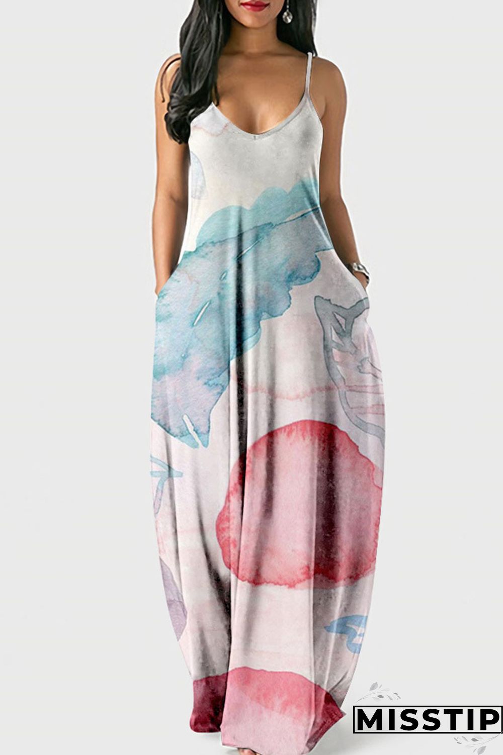 Red Street Print Patchwork Spaghetti Strap Lantern Dress Dresses