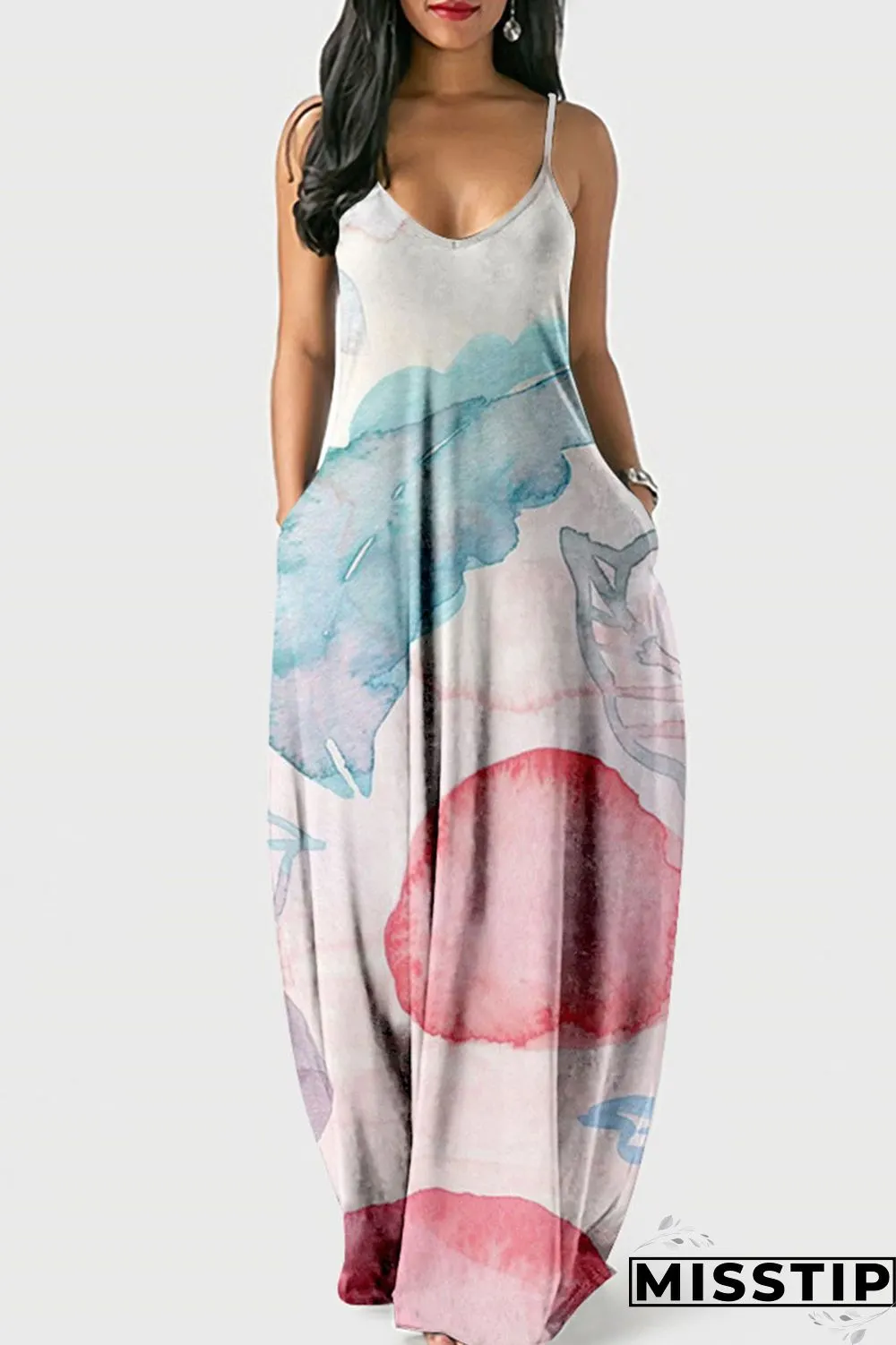 Red Street Print Patchwork Spaghetti Strap Lantern Dress Dresses