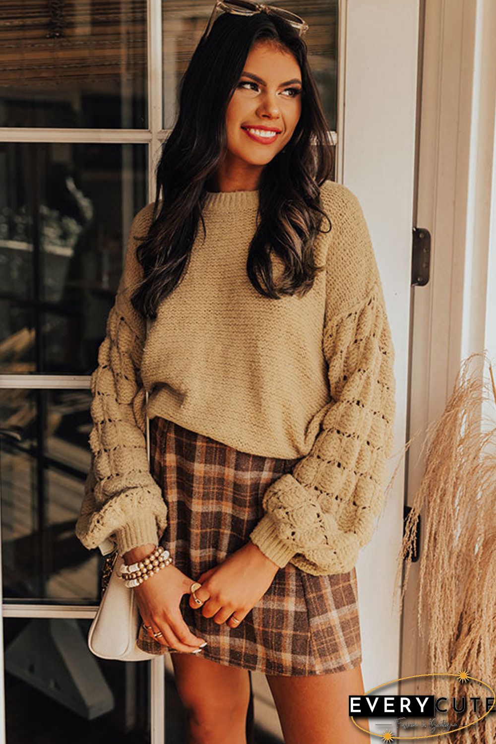 Khaki Hollowed Bubble Sleeve Knit Sweater