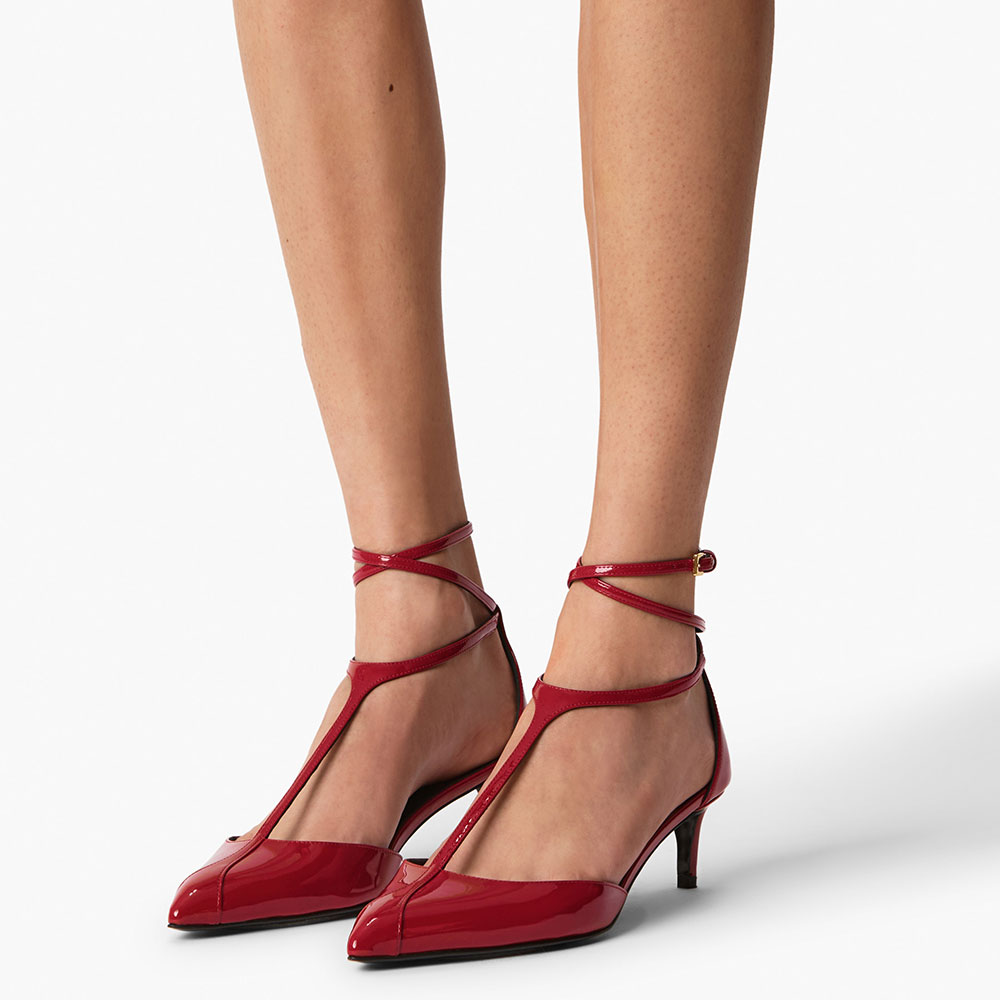 Patent Pointed Toe Kitten Heel T-Strap Ankle Wrap Around Red Pumps Nicepairs