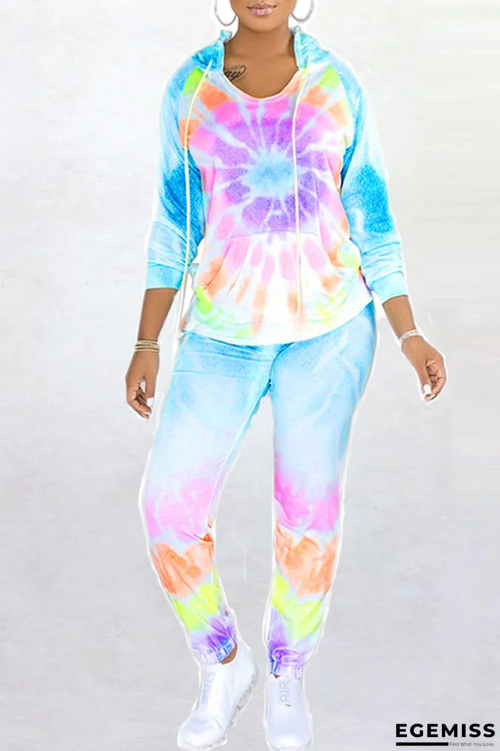 Light Purple Fashion Casual Tie Dye Printing Hooded Collar Long Sleeve Two Pieces | EGEMISS