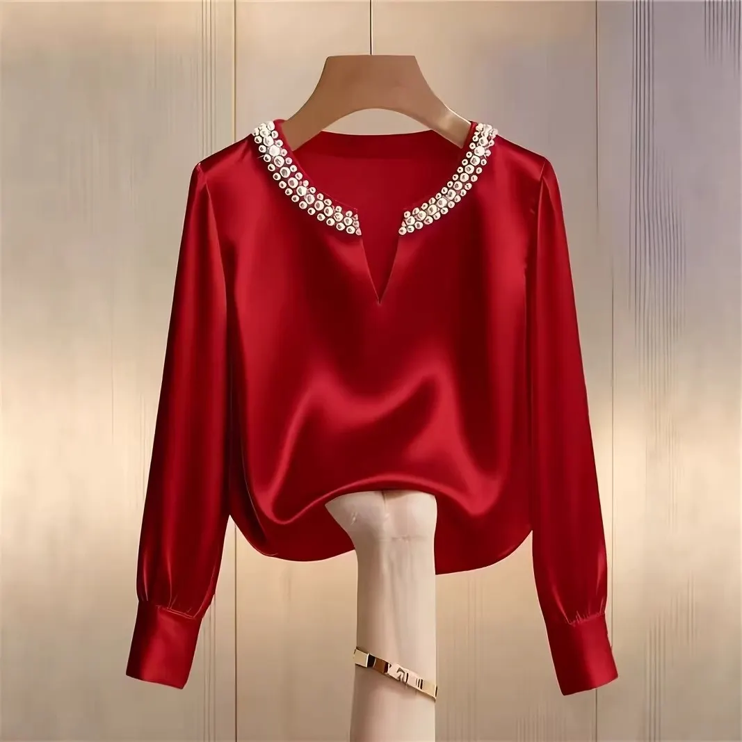 Women Elegant Pearl Satin V-neck Long-sleeve Top elevenforest