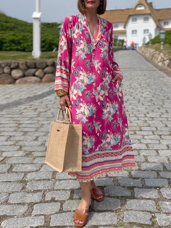 Floral Printed Tasseled Long Sleeves Loose V-Neck Maxi Dresses