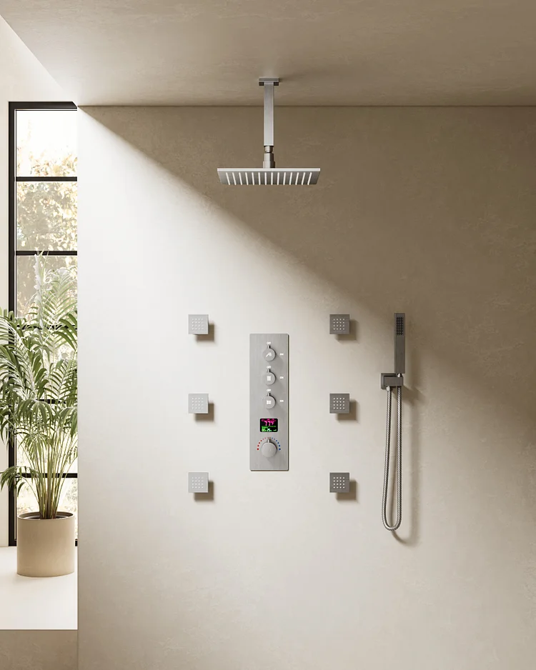 SFS-1026-NK12 EVERSTEIN LED Thermostatic Dual Function Shower Head System Ceiling Mounted with Rough-in Valve in Brushed Nickel