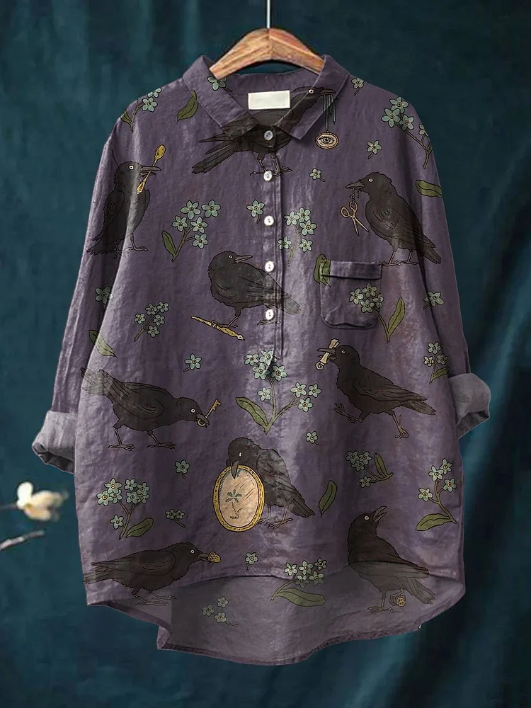 Women's Crows Print Casual Cotton And Linen Shirt