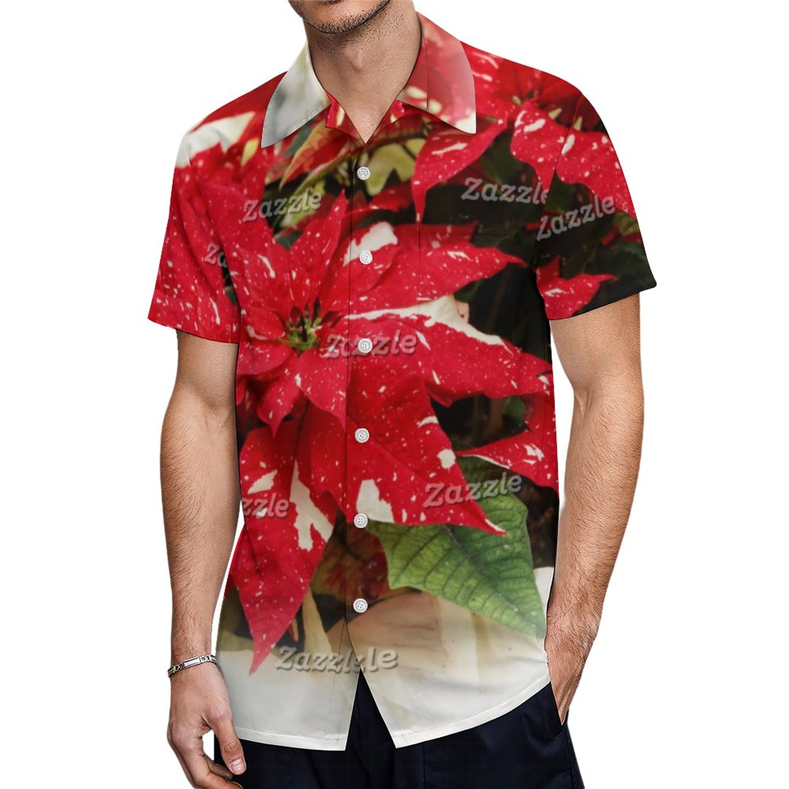 Festive Red White Floral Poinsettias Hawaiian Shirt Mens Button Down Plus Size Tropical Hawaii Beach Shirts