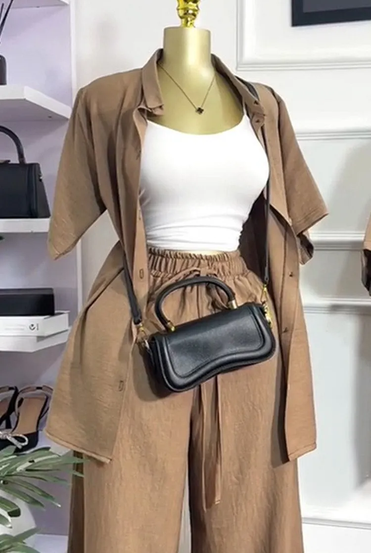 Linen Shirt and Pants Set for Women Collared Two Piece Outfit