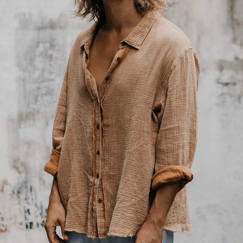 Men's Khaki Cotton and Linen Textured Long Sleeve Shirt