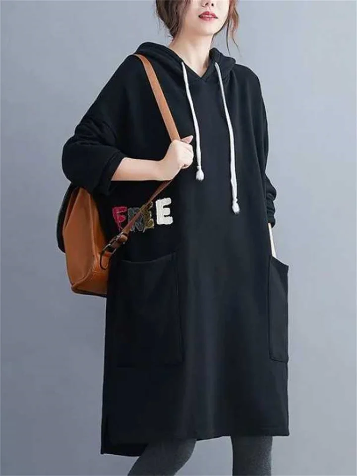 Large Size Loose Dress Women Casual Hooded Spring and Fall New Loose Type Thin with Long-sleeved Sweater Dresses-Cosfine