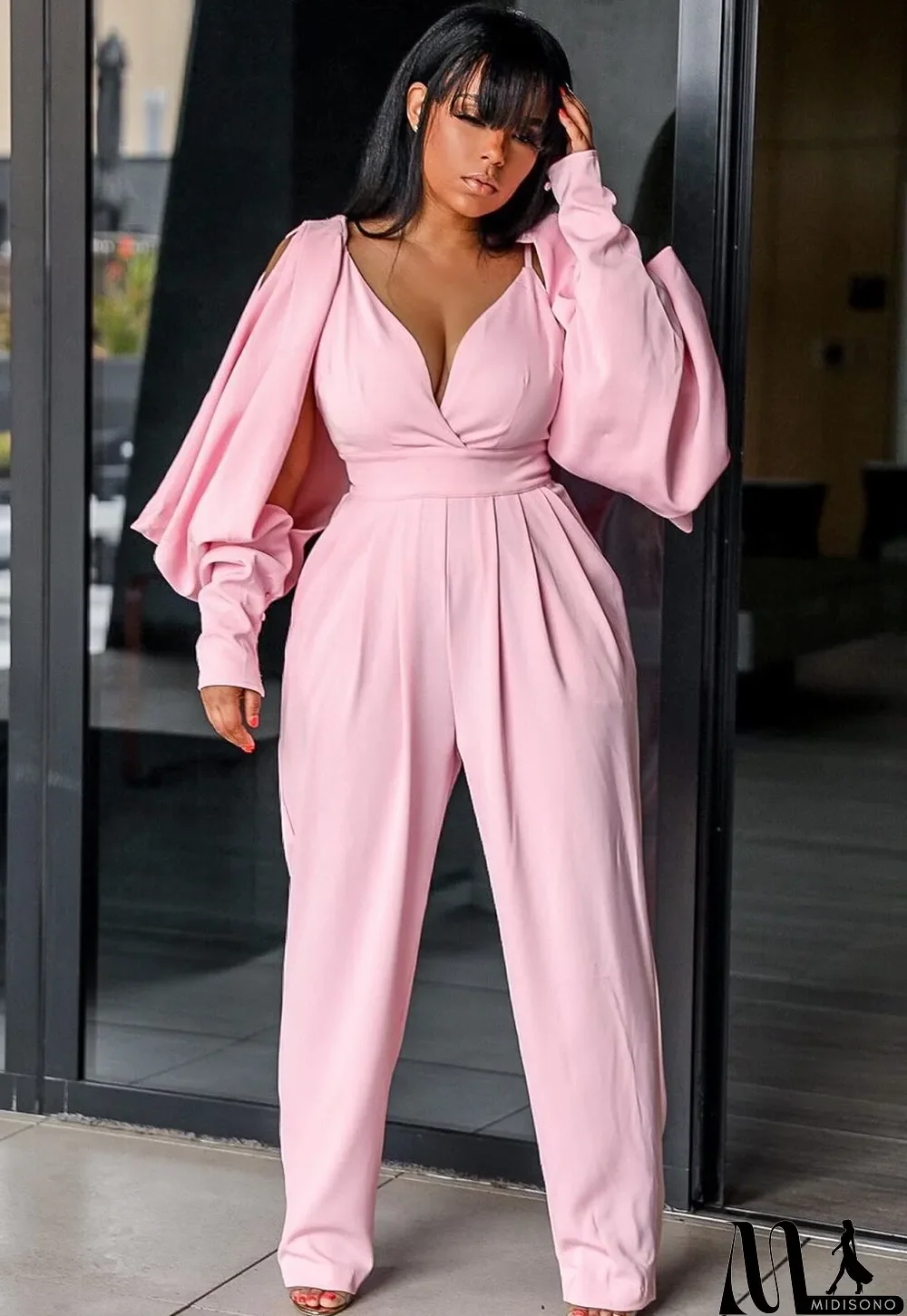 MidiSono - Autumn Solid Color V-Neck Formal Jumpsuit with Slit Sleeves