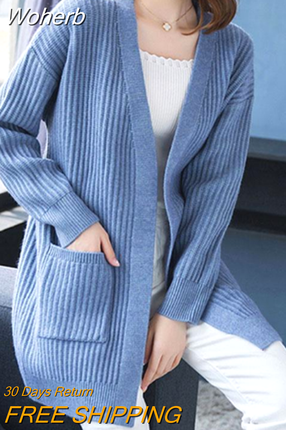 Woherb New Solid Knit Cardigan Long Sleeve Sweater Women Open Stitch Casual Pocket 2023 Loose Medium-long Cardigans Mujer 54687