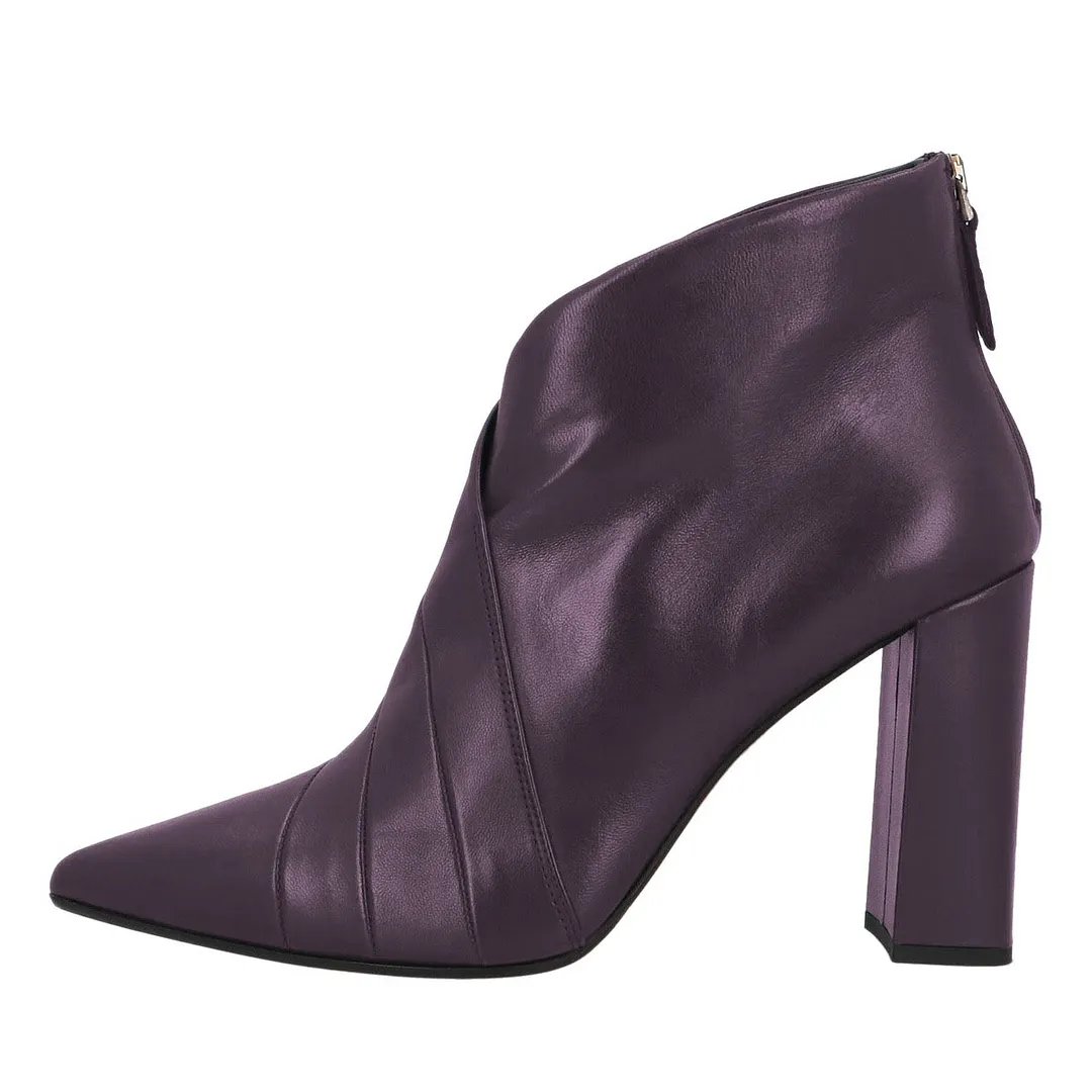 Dark Purple Pointed Toe Chunky High Heel Ankle Boots for Women