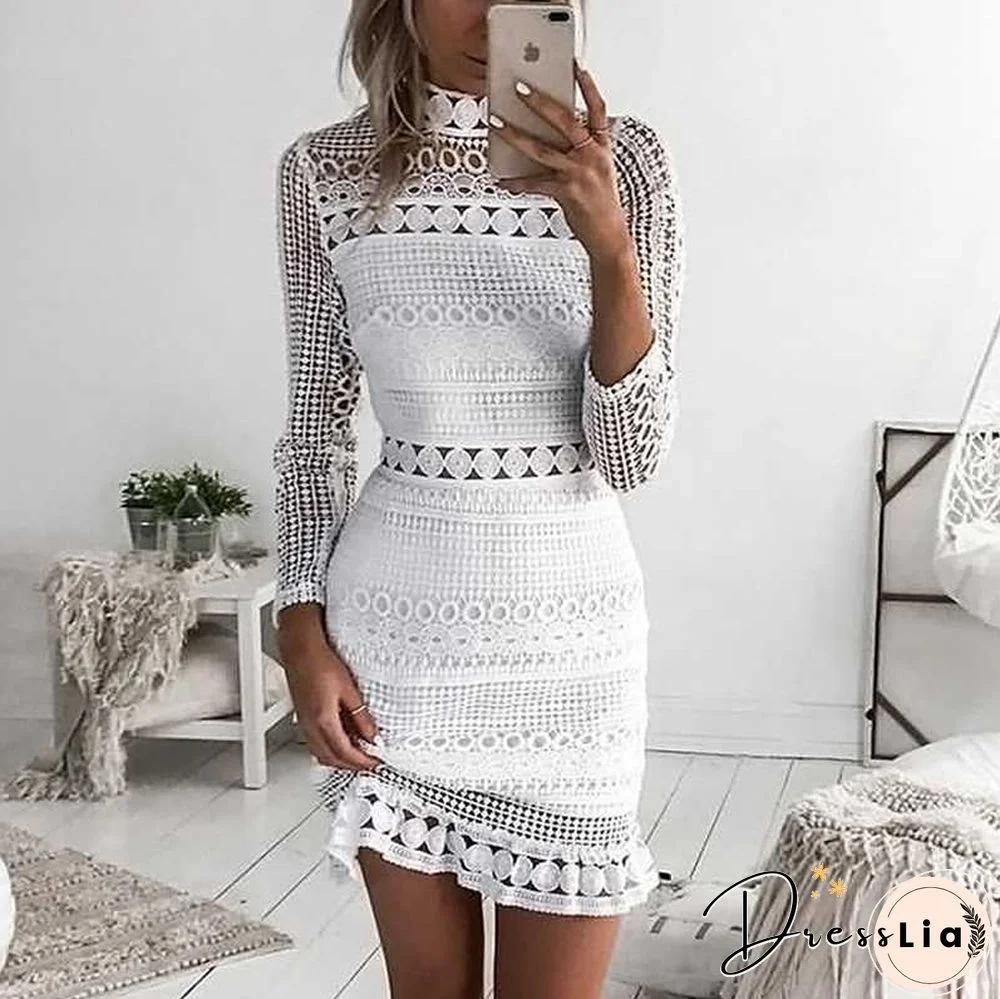 Bohemian long sleeve turtle neck white lace dress