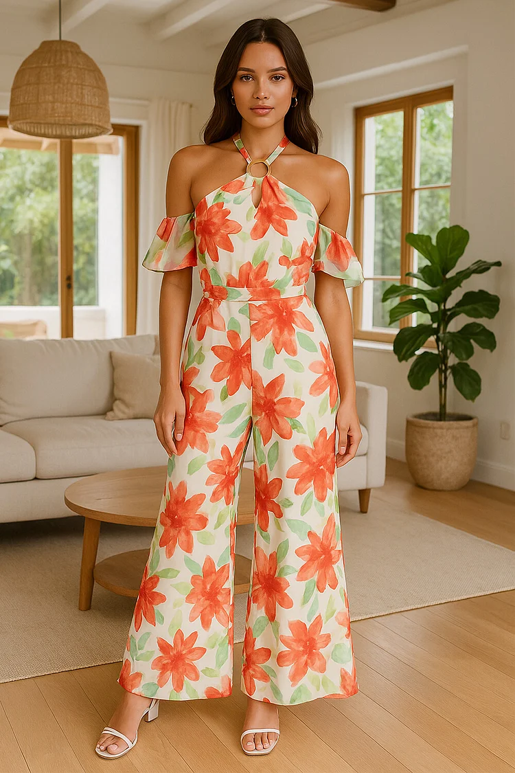 Floral Print Cold Shoulder Wide Leg Halter Jumpsuit-Red [Pre Order]