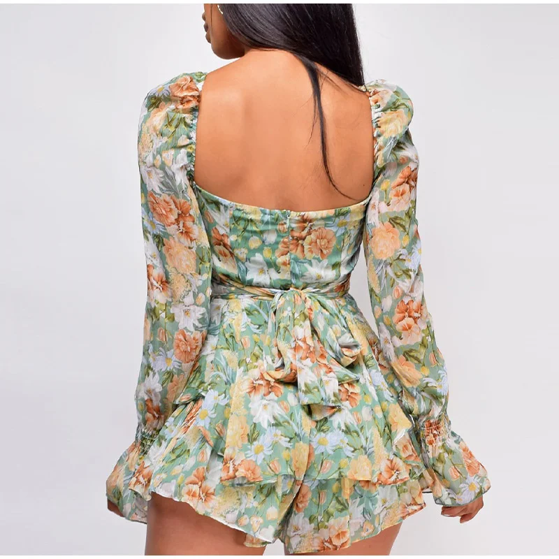 Summer Women Long Sleeve Lace Up Ruffles Floral Print Rompers Jumpsuits 