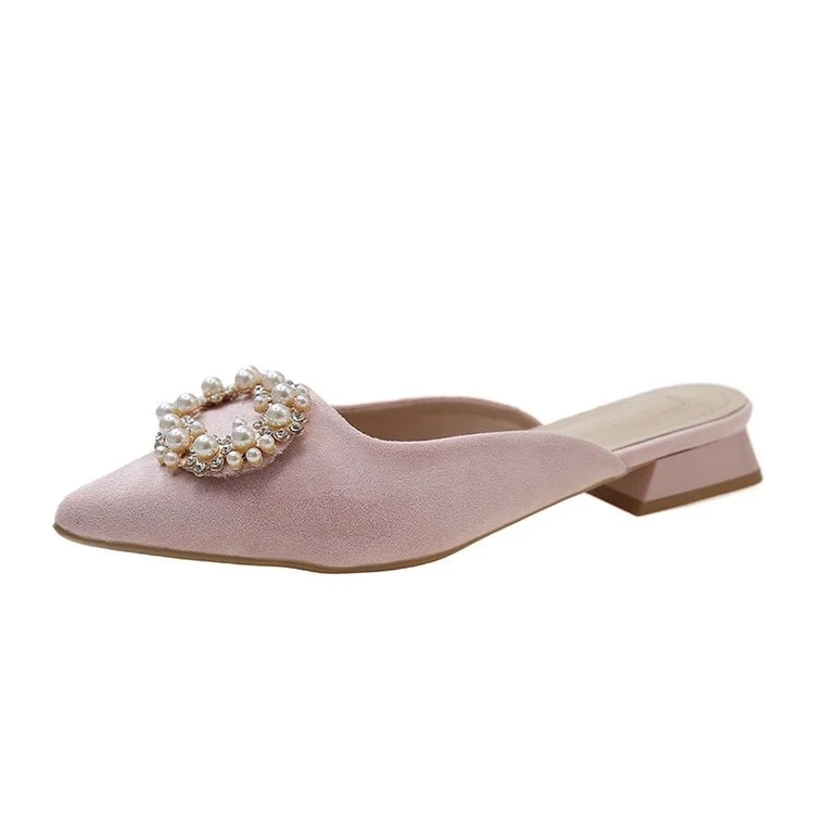 Yyvonne Spring And Summer New 4241 Large-Size Bag Head Half Slippers Women Wear Pointed Thick Heel Round Buckle Low Heel Women's Shoes Sand Drag