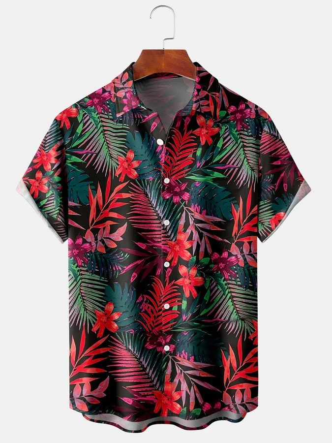 Mens Hawaiian Tropical Floral Print Lapel Loose Chest Pocket Short Sleeve Shirts