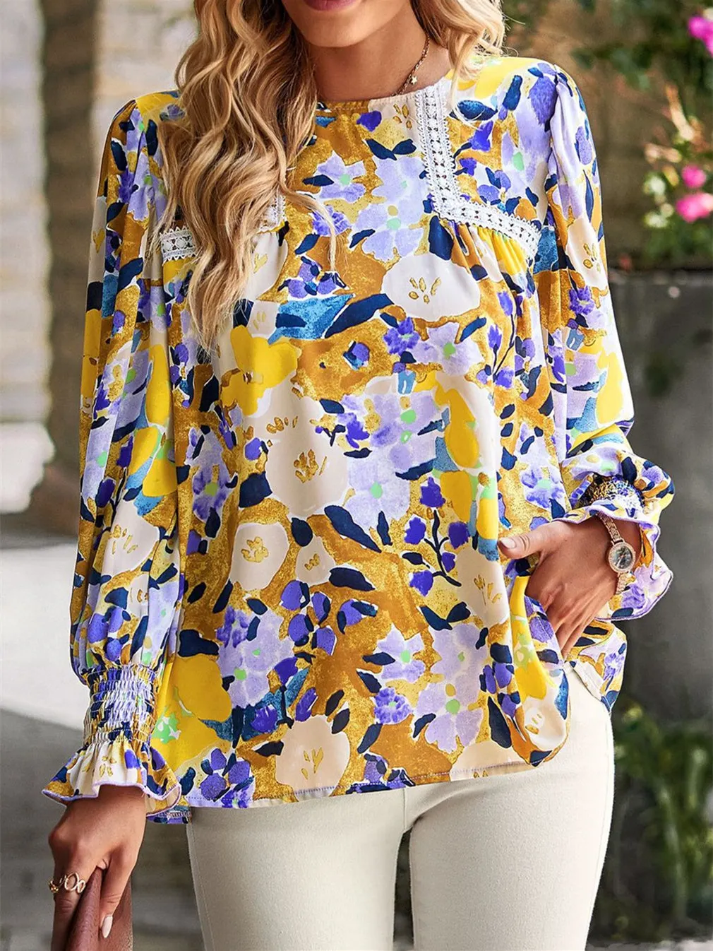Women Long Sleeve Scoop Neck Floral Printed Tops