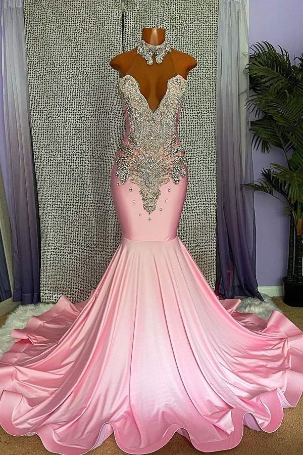 Luluslly Pink High Neck Prom Dress Mermaid Sleeveless With Crystals