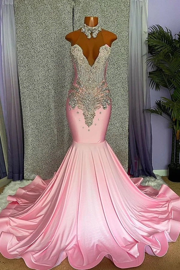 Bellasprom Pink High Neck Prom Dress Mermaid Sleeveless With Crystals Bellasprom