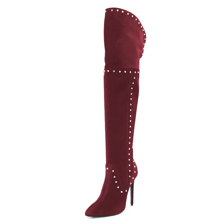 Burgundy Rhinestones Thigh High Stiletto Heel Long Boots |FSJ Shoes