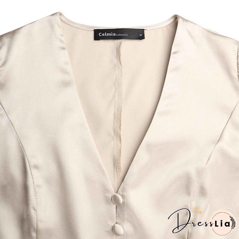 Women Solid Color Stain V Neck Puff Long Sleeve Cocktail Dress Casual Fashion Party Belted Midi Dress Plus Size Kleid