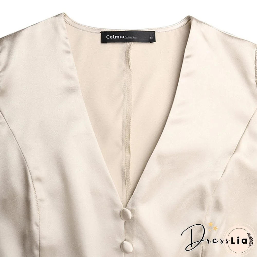 Women Solid Color Stain V Neck Puff Long Sleeve Cocktail Dress Casual Fashion Party Belted Midi Dress Plus Size Kleid