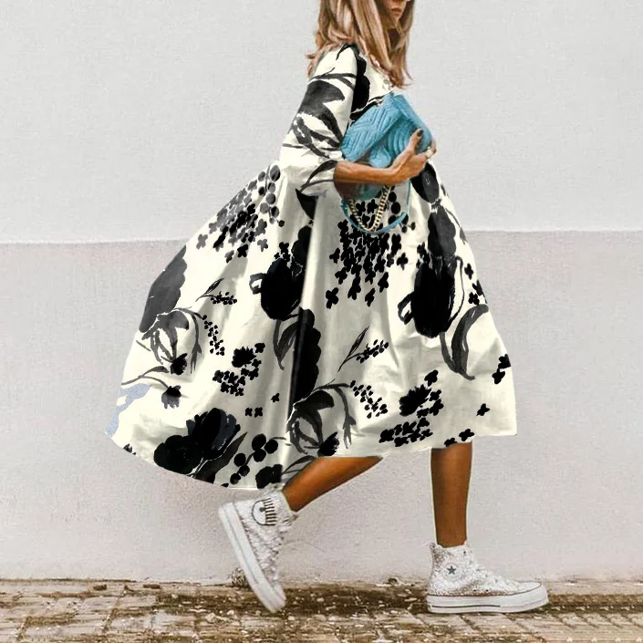 Loose Floral-Print Crew-Neck Midi Dress