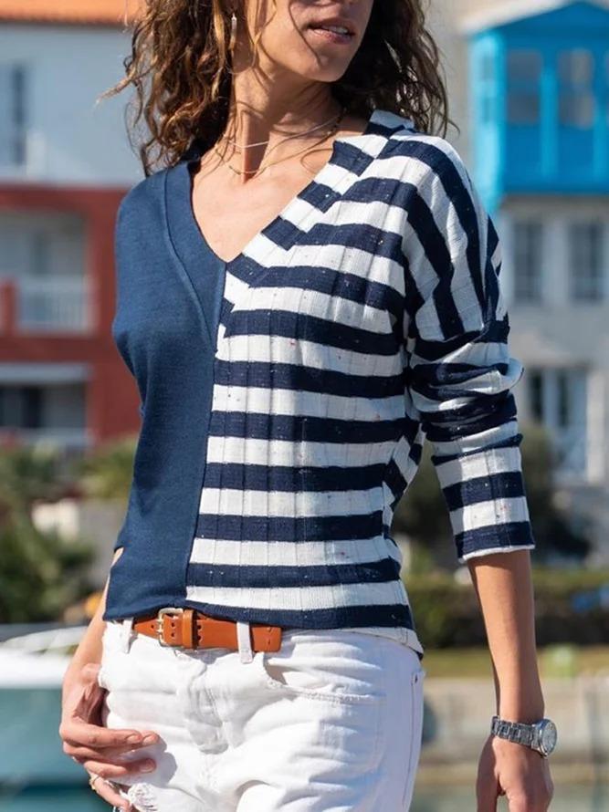 Stripe-Blue Casual Stripes Long Sleeve Shirts & Tops