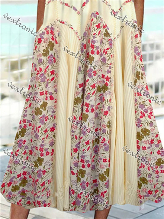 Women Short Sleeve Scoop Neck Floral Printed Stitching Maxi Dress