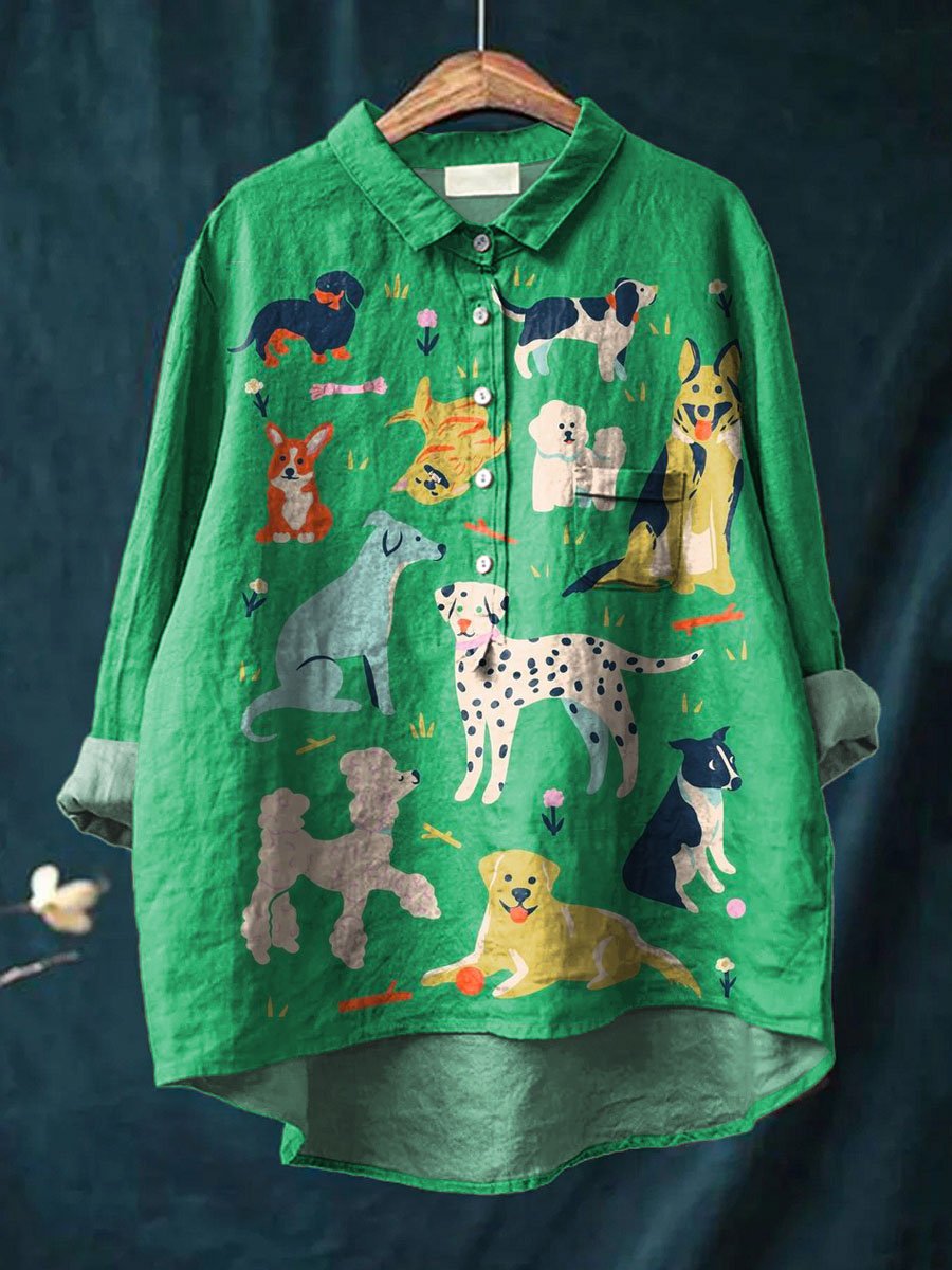 Vintage Lovely Dogs Art Print Casual Cotton And Linen Shirt
