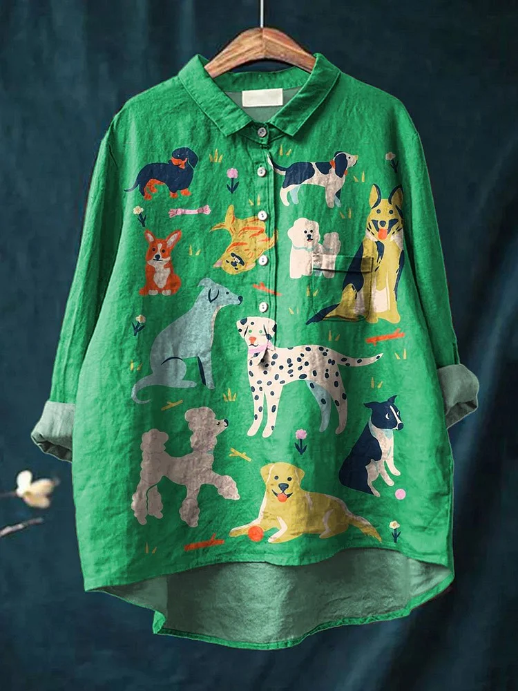 Vintage Lovely Dogs Art Print Casual Cotton And Linen Shirt