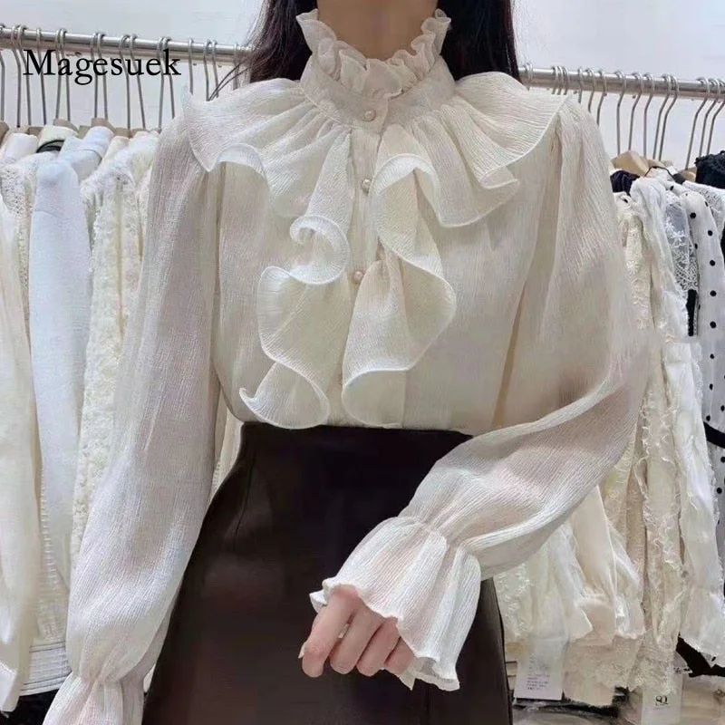 Korean Chic Ruffles Stitching Elegant Blouse Woman Stand Collar Button Chiffon Shirt Long Flare Sleeve Fashion Loose Tops 12946