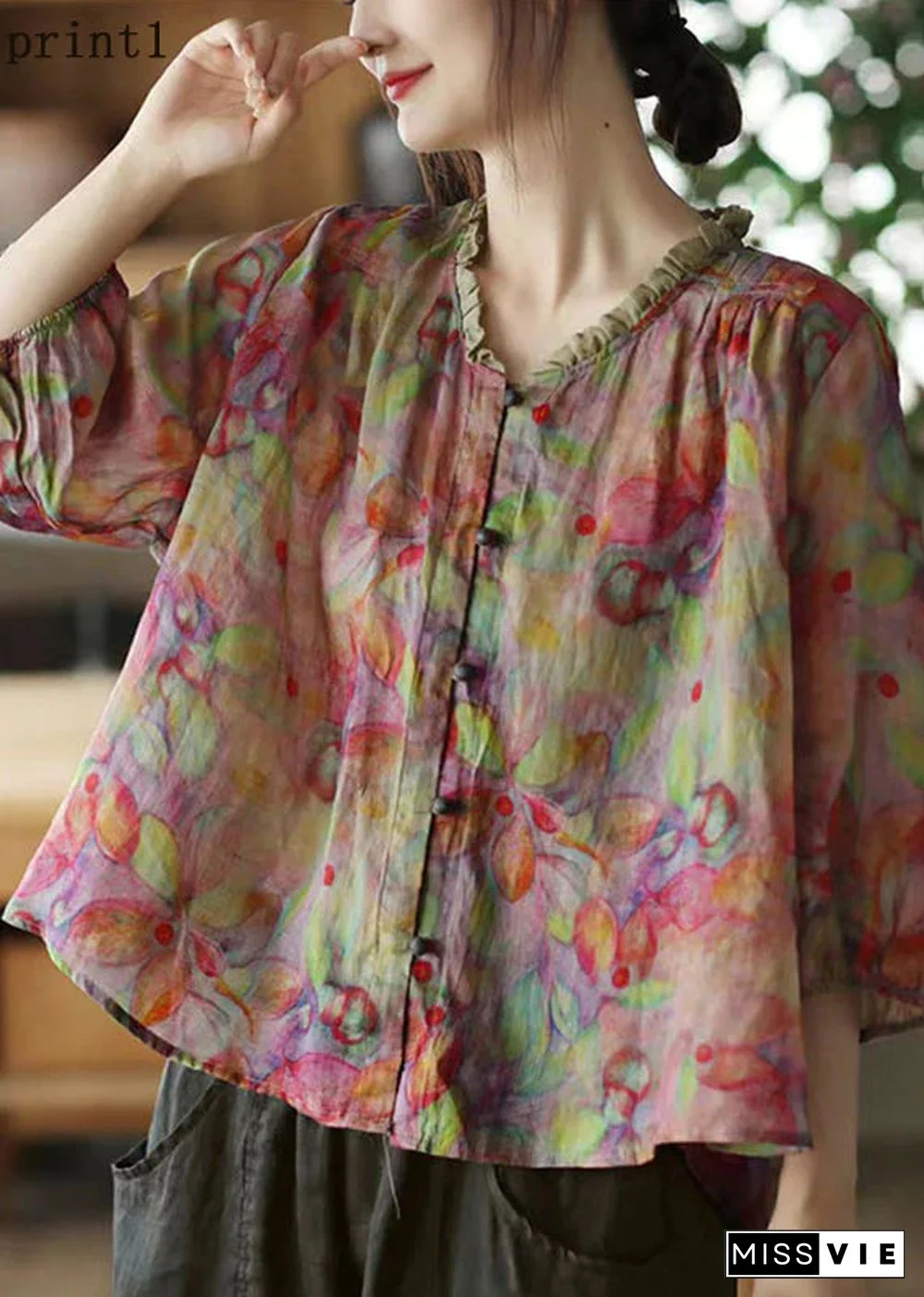 Plus Size Pink V Neck Ruffled Print Linen Blouse Top Half Sleeve