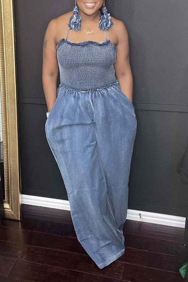 Guchioe Fashion Casual Solid Color Chest Length Slit Wide Leg Denim Jumpsuit