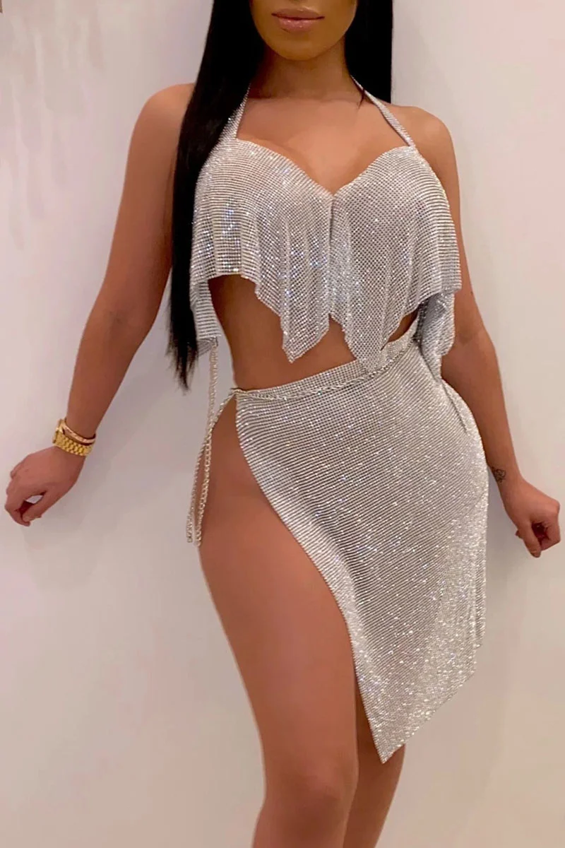Silver Sexy Patchwork Bandage Backless Asymmetrical Halter Sleeveless Two Pieces