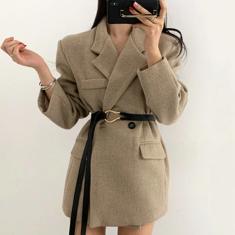 UForever21 Autumn Winter Women Short Coat With Belt Long Sleeve Thick Turn-Down Collar Double Breasted Minimalist Korean Ladies Jacket