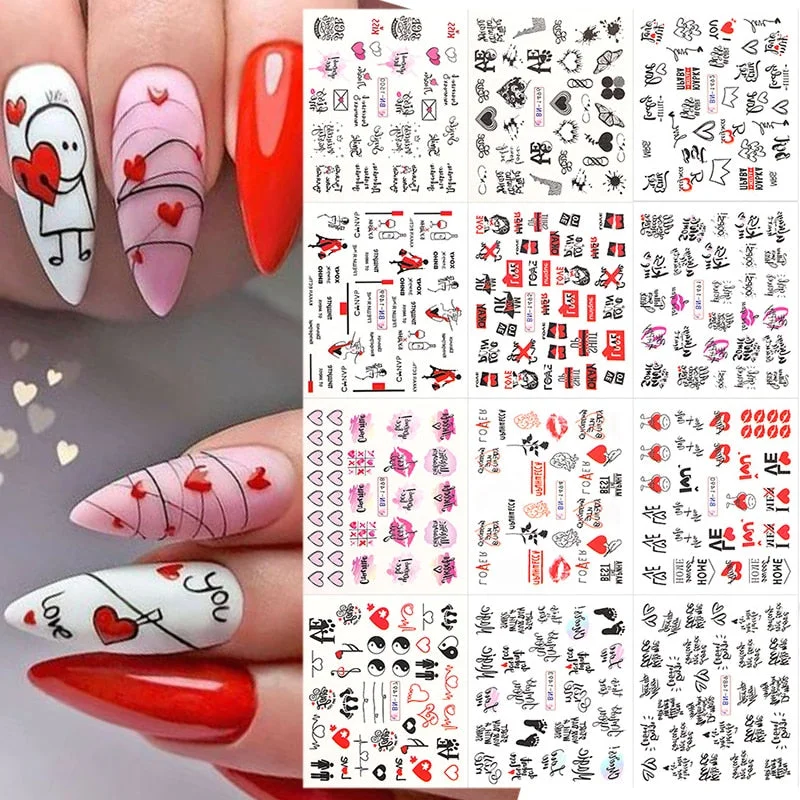12pcs Valentines Manicures Love Letter Flower Sliders For Nails Inscriptions Nail Art Decoration Water Sticker Tips BN1489-1500