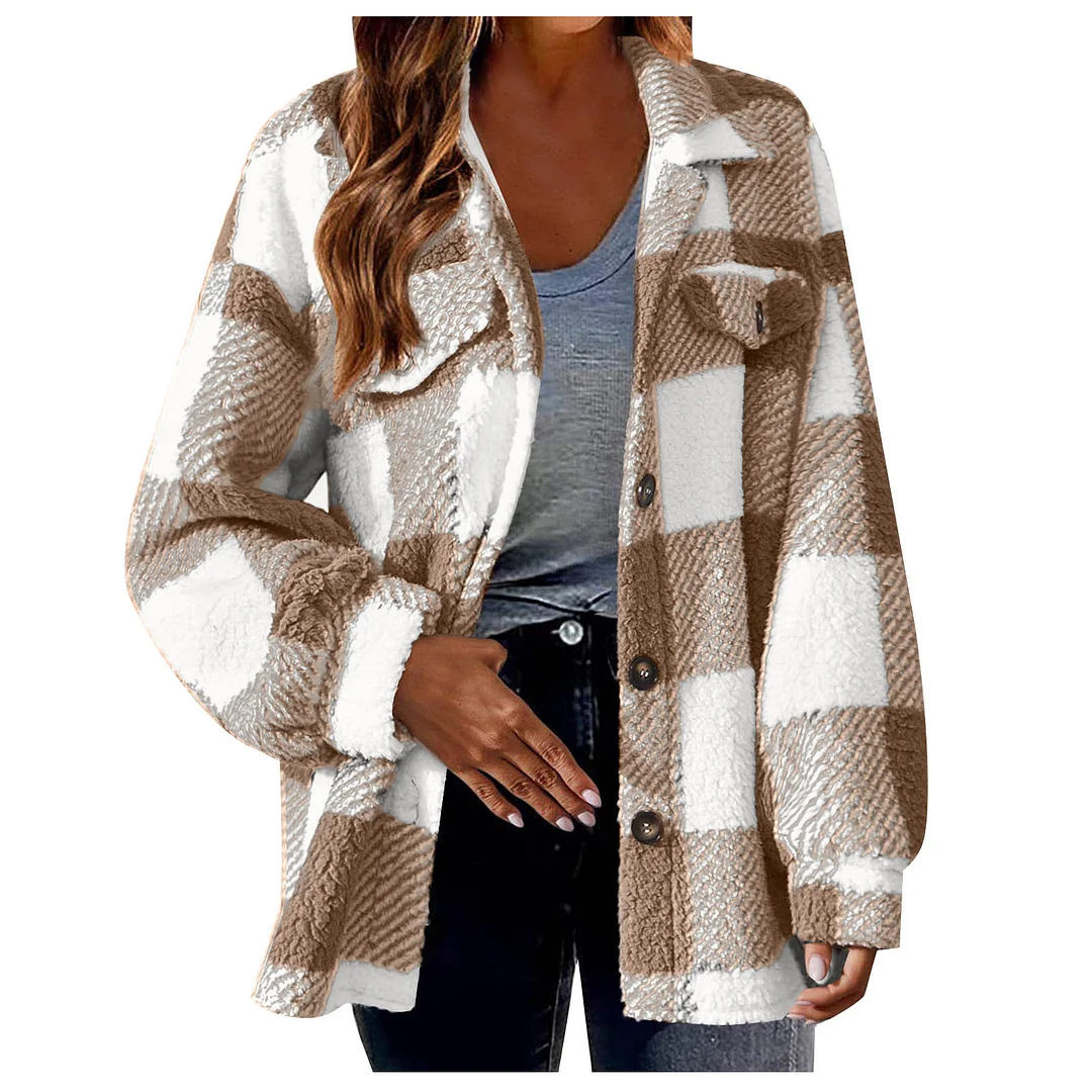 Uveng Uveng Women's 2025 New Autumn And Winter With Pocket Lattice Lamb Jacket Button Plush Jacket