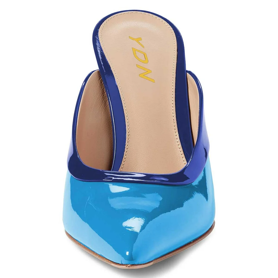 Patent Pointed Toe Stiletto Heel Slip-On Women's Mules Shoes in Blue