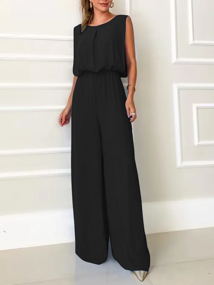 Women's Sleeveless Scoop Neck Solid Color Jumpsuit